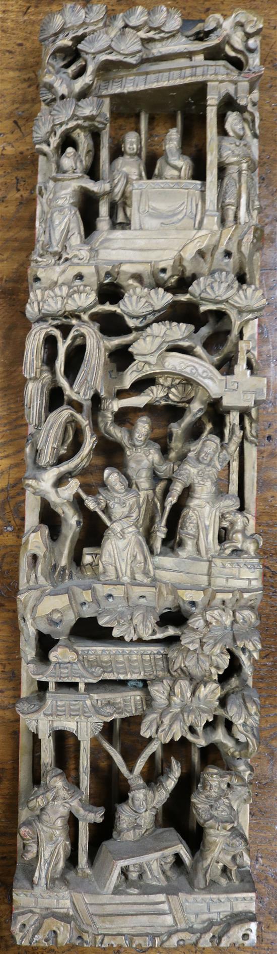 Six Chinese carved giltwood upright panels, soldiers and birds amid foliage